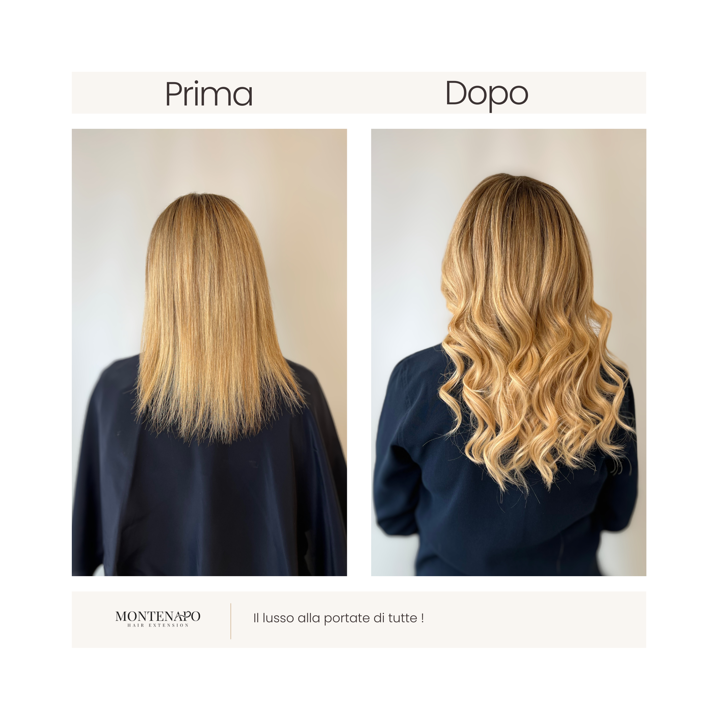 Trasformazione con extension Montenapo: da capelli biondo chiaro corti e lisci a capelli lunghi, morbidi e mossi con volume naturale.