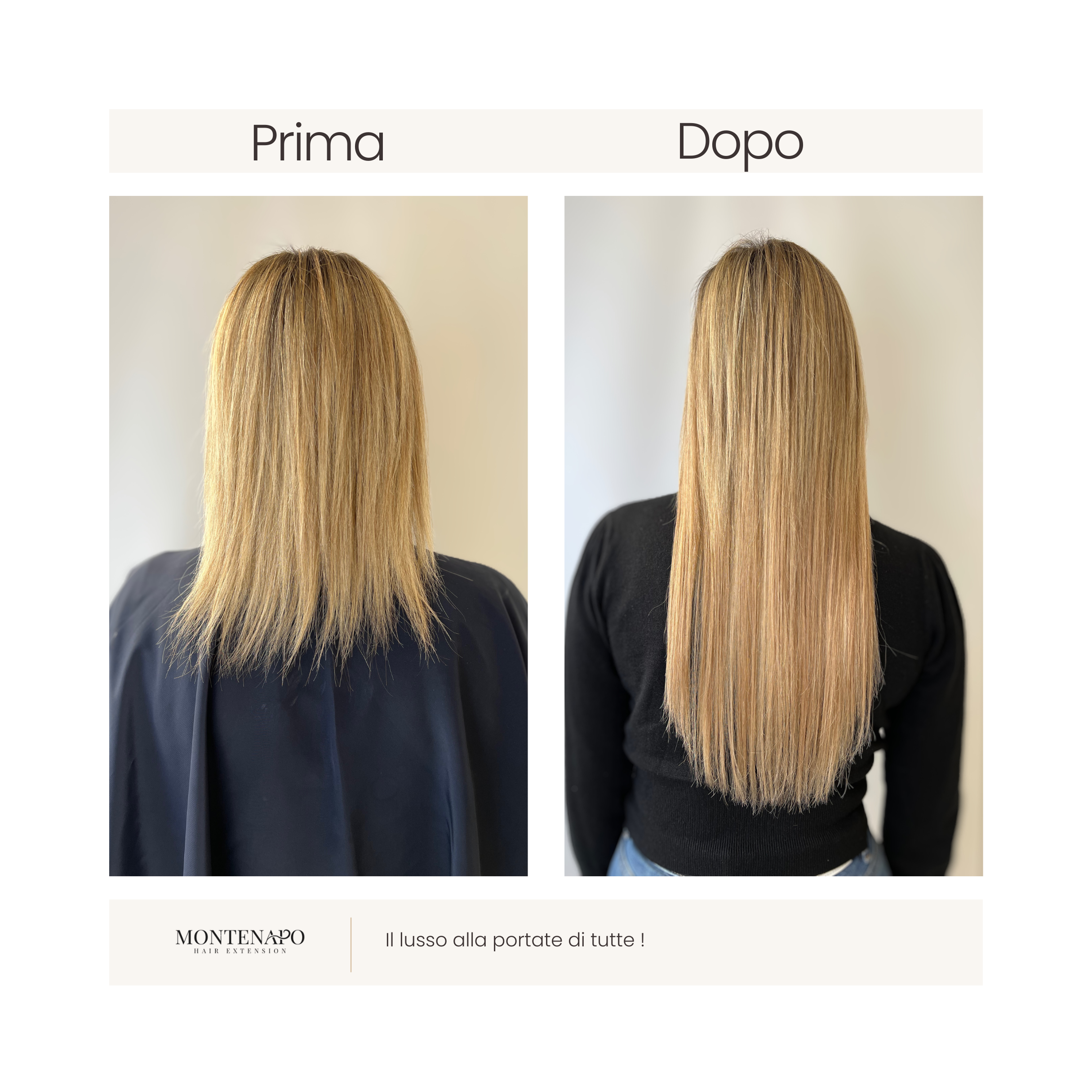 Risultato prima e dopo con extension Montenapo: da capelli biondo champagne corti e secchi a capelli lunghi, lisci e setosi con effetto naturale